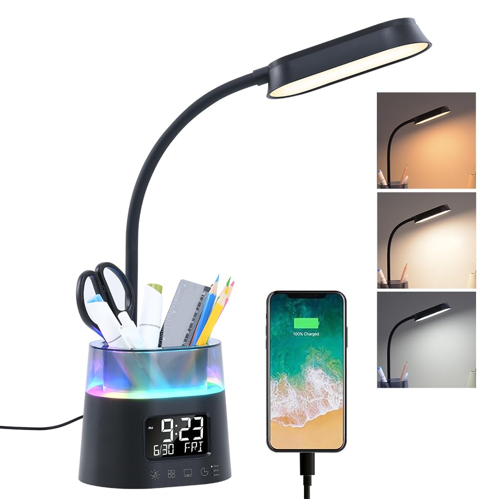 WILIT LED Kids Desk Lamp front view showing organized pen holder for study area.
