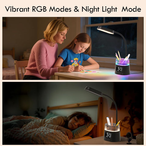 WILIT LED Kids Desk Lamp side view highlighting clock and timer features.