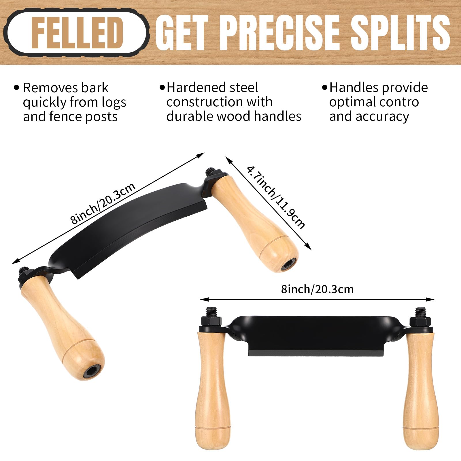 WILLBOND draw knife curved 8-inch blade for controlled bark removal and shaping.