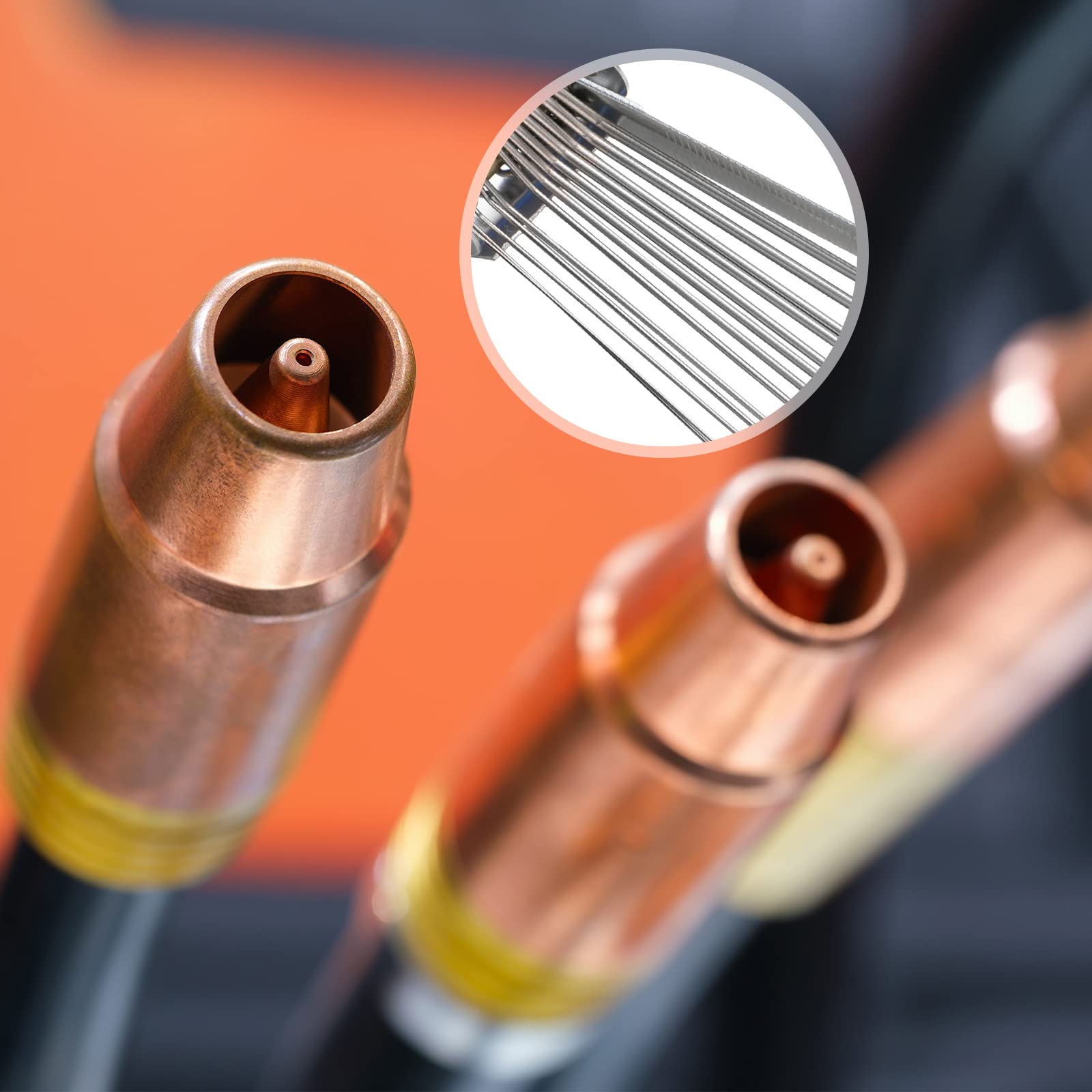 Close-up of stainless steel wires designed to clear tiny passages safely.