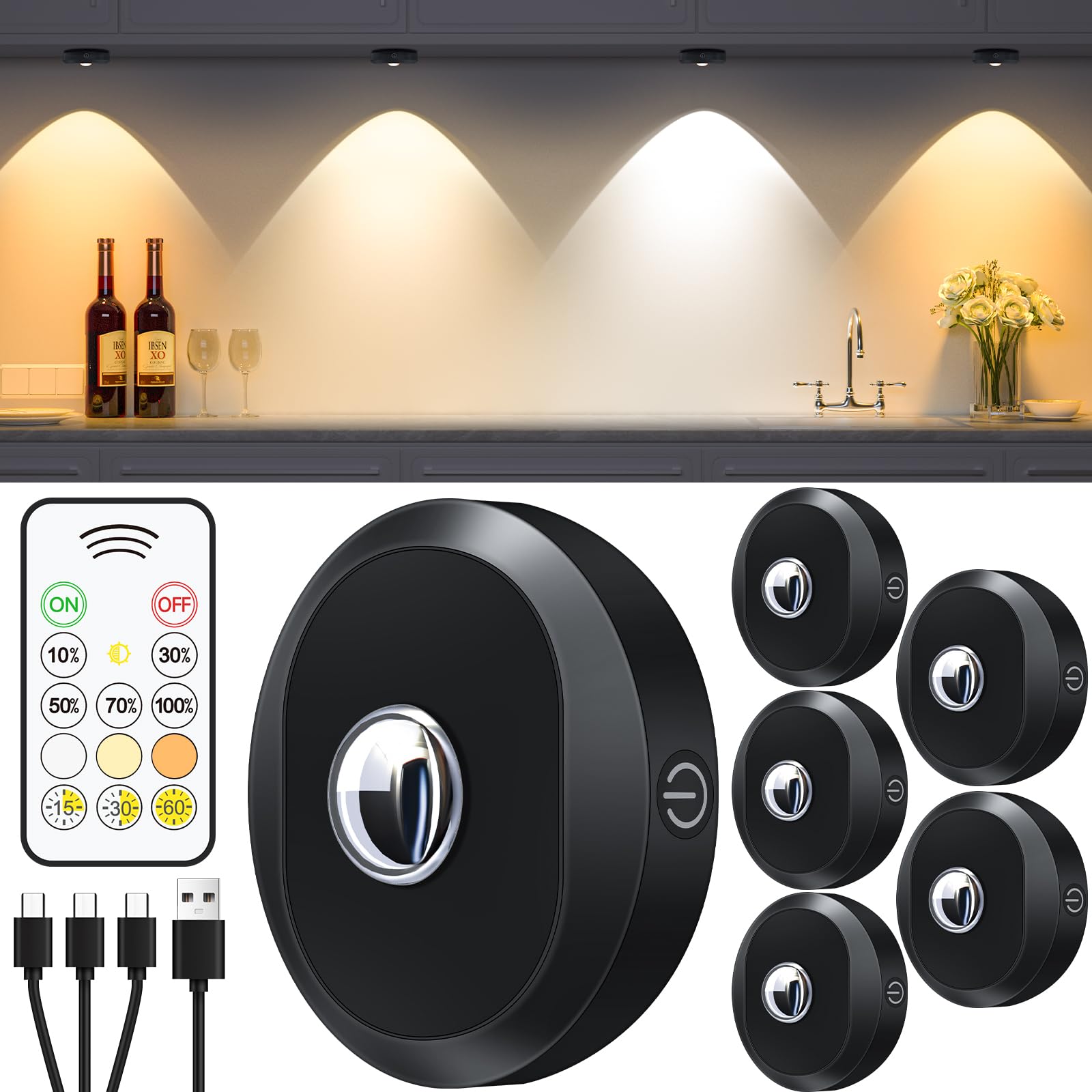 WILLED puck lights mounted under cabinet provide bright, hands-free illumination.