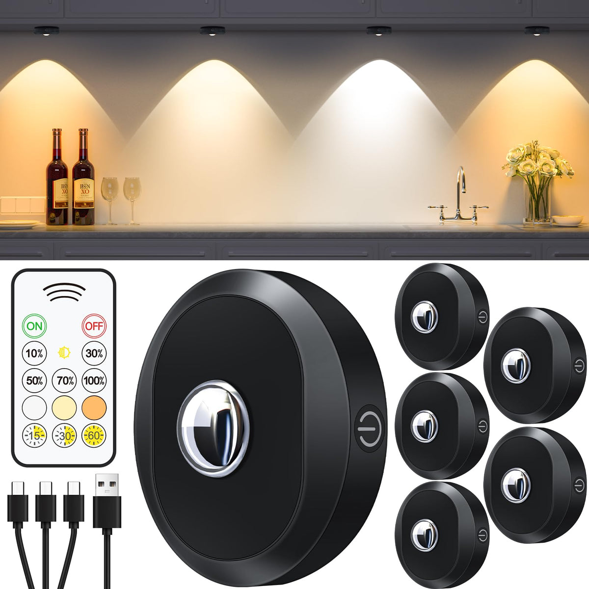 WILLED puck lights mounted under cabinet provide bright, hands-free illumination.