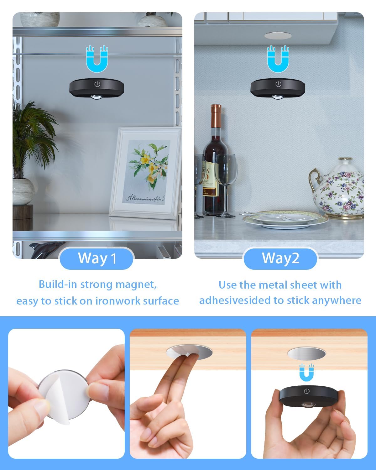WILLED puck lights six-pack with USB charging reduces battery waste.