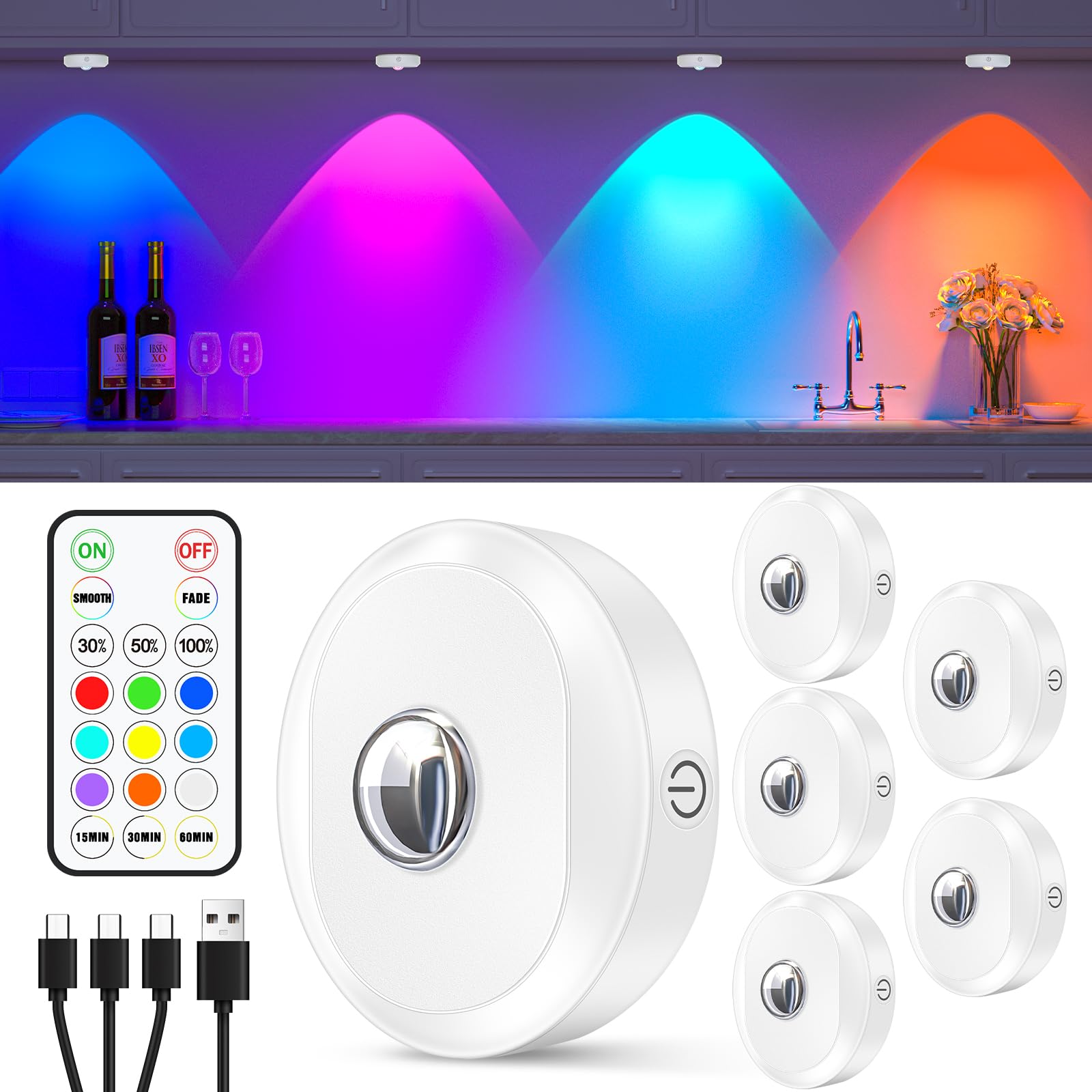 WILLED RGB rechargeable puck lights with remote for effortless lighting control