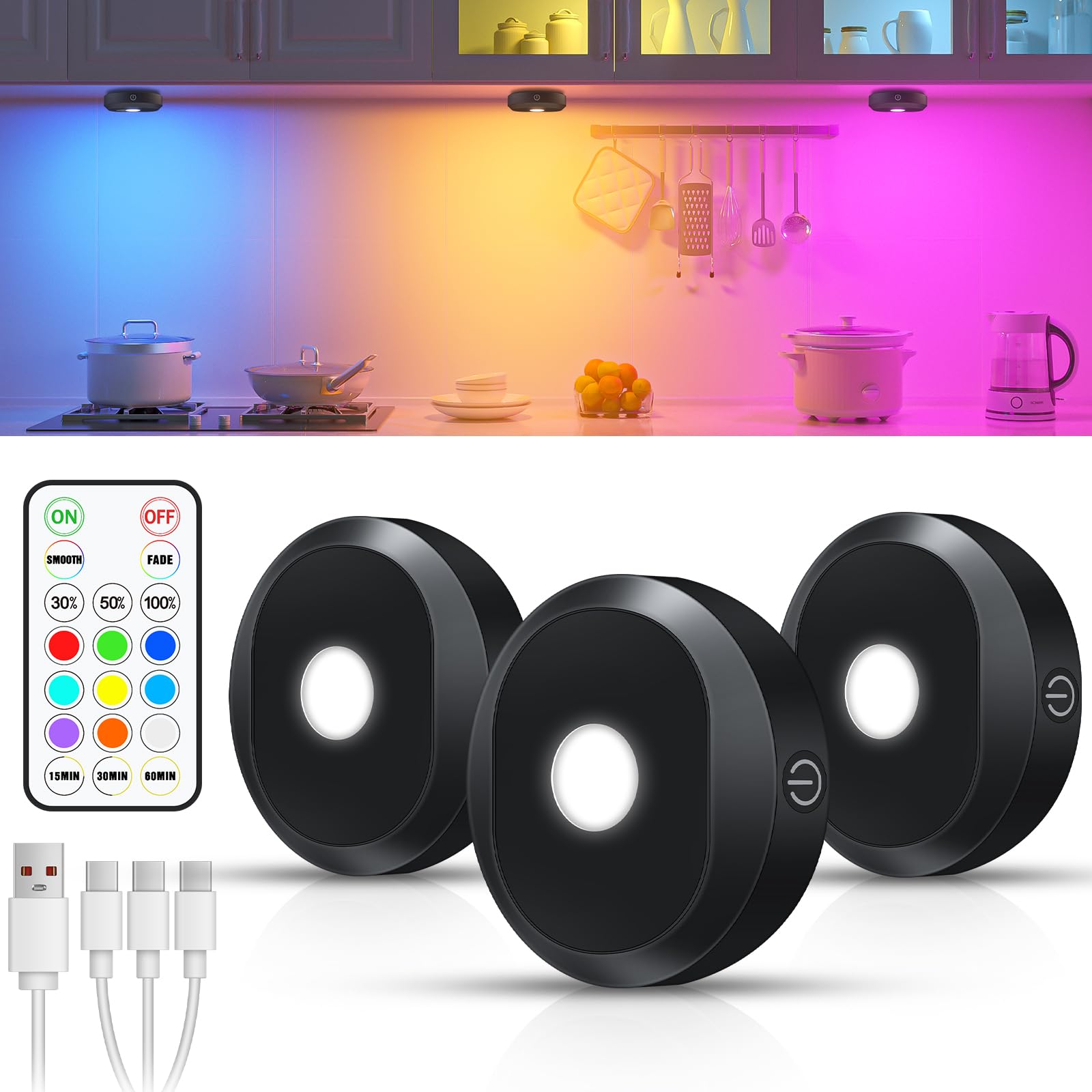 WILLED RGB under-cabinet light pack brightening countertops with color options.