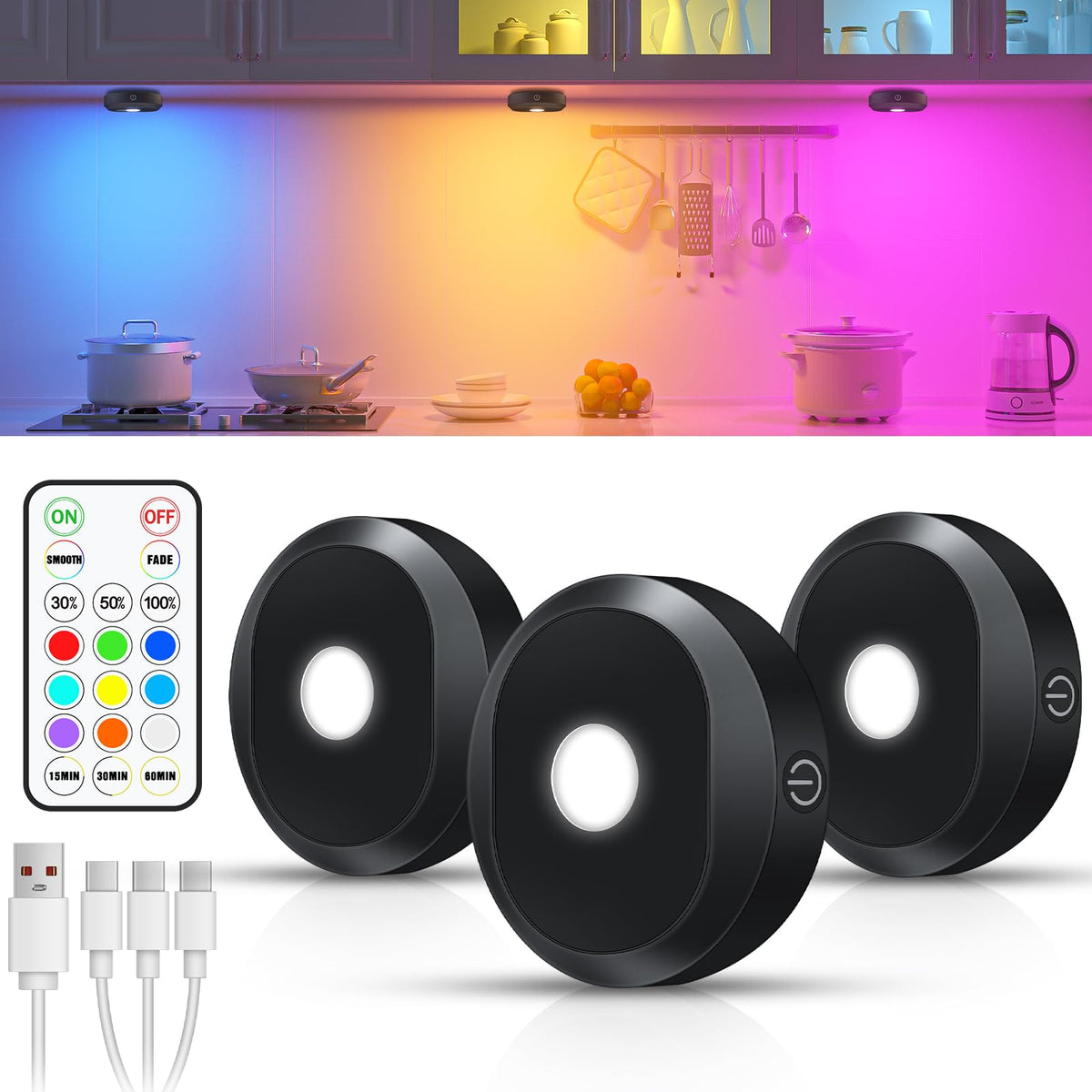 WILLED RGB under-cabinet light pack brightening countertops with color options.