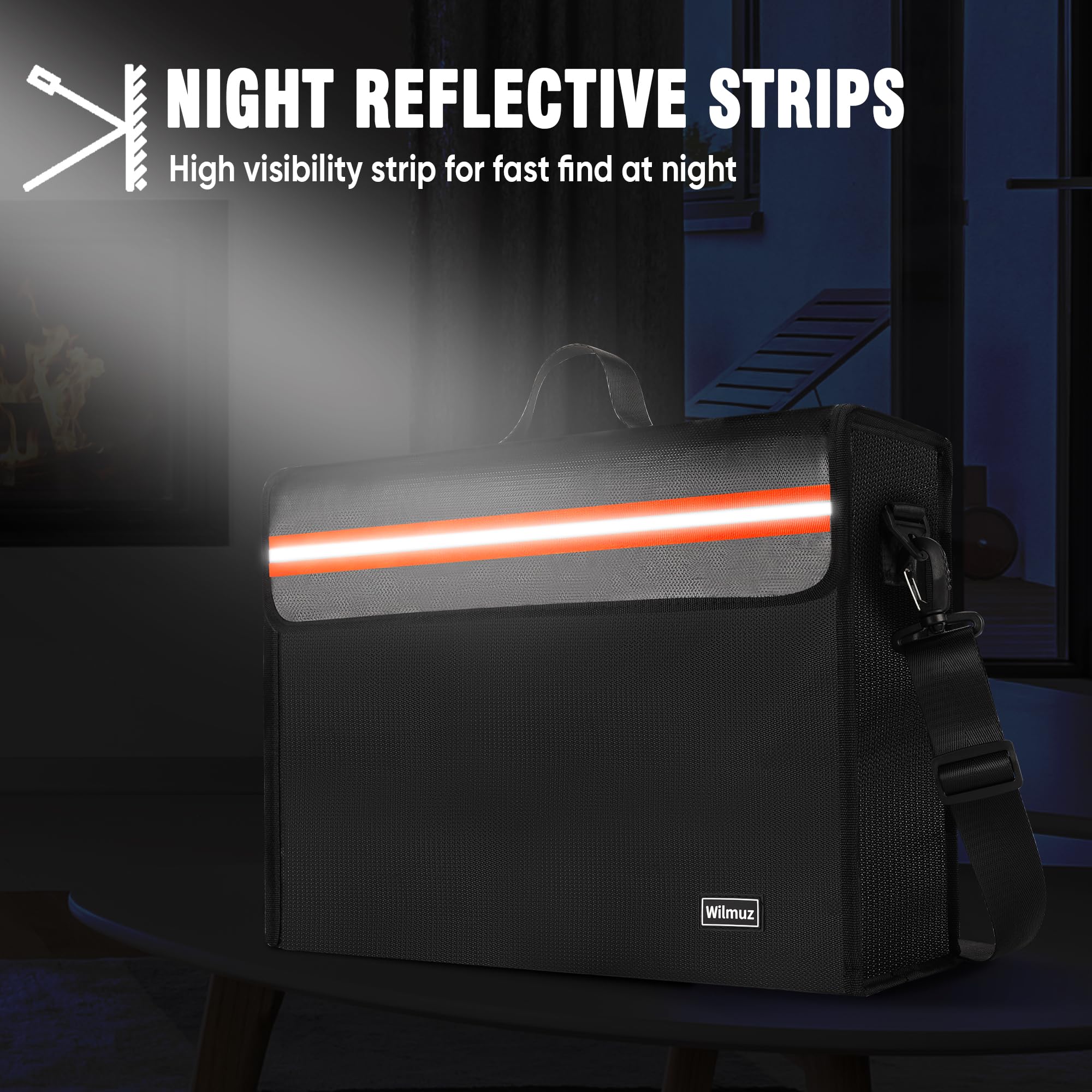 Wilmuz fireproof bag reflective tape improves visibility at night.