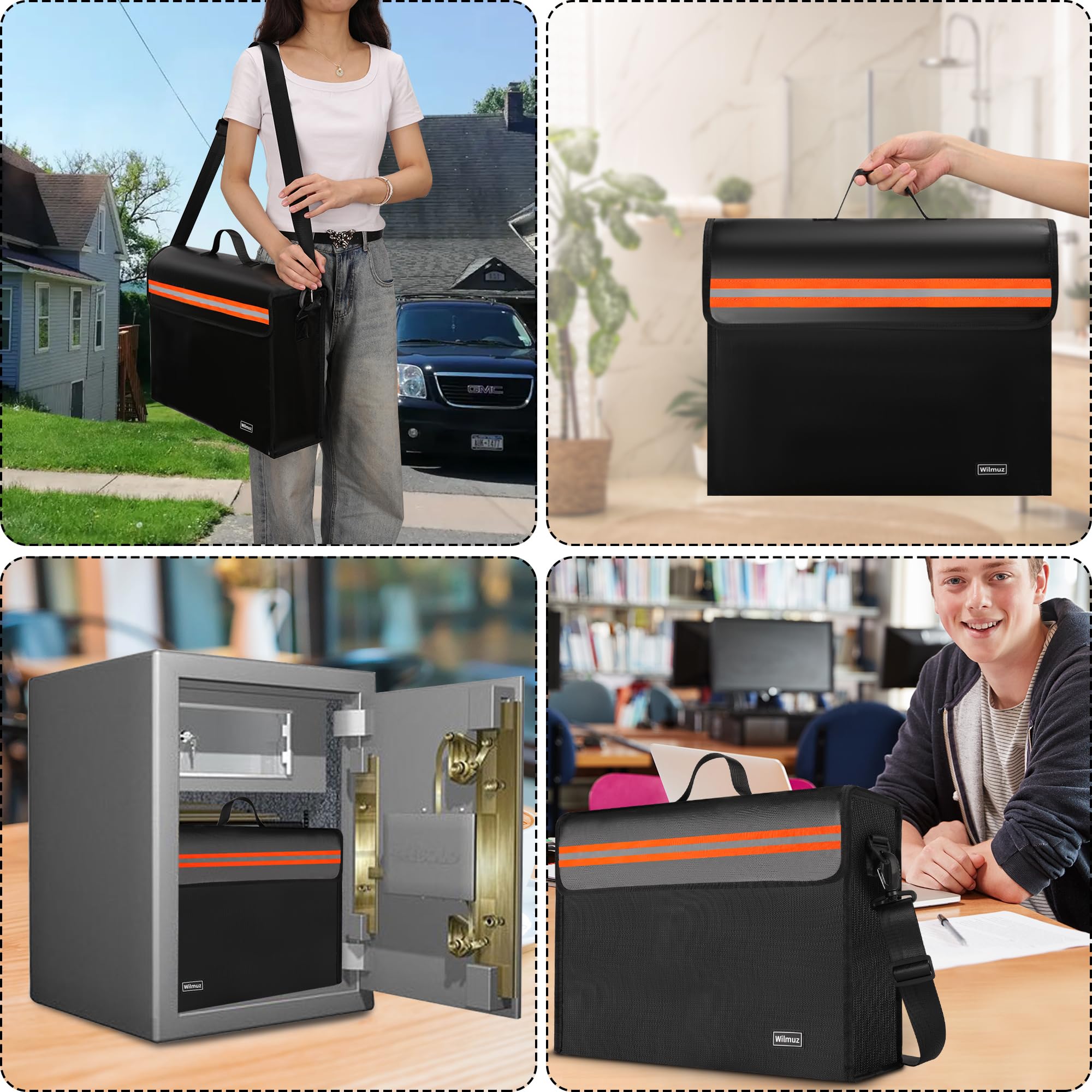 Wilmuz fireproof document box in home, office, travel setup.