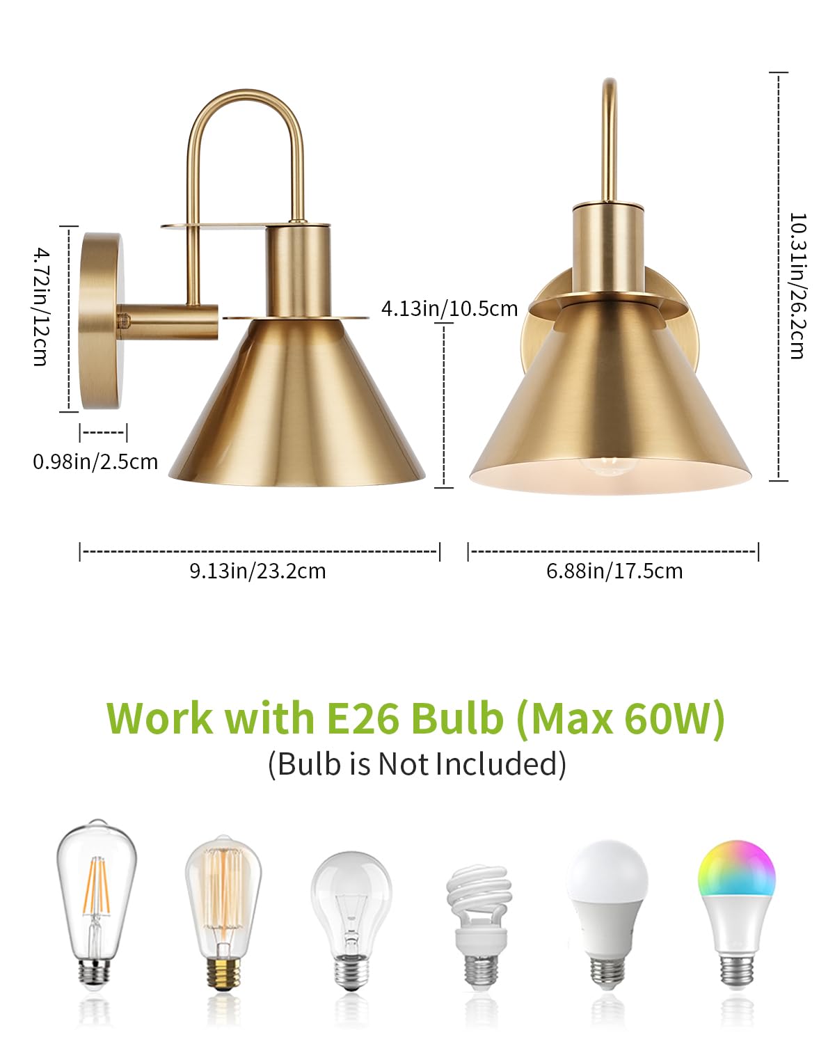 WILON brass wall light with E26 base offers versatile bulb options.