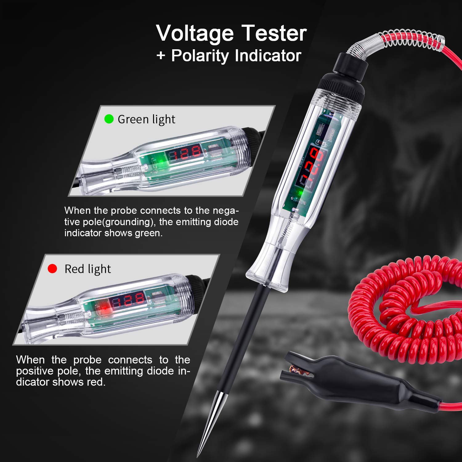 WINAMOO tester shows polarity with red positive and green negative indicators.