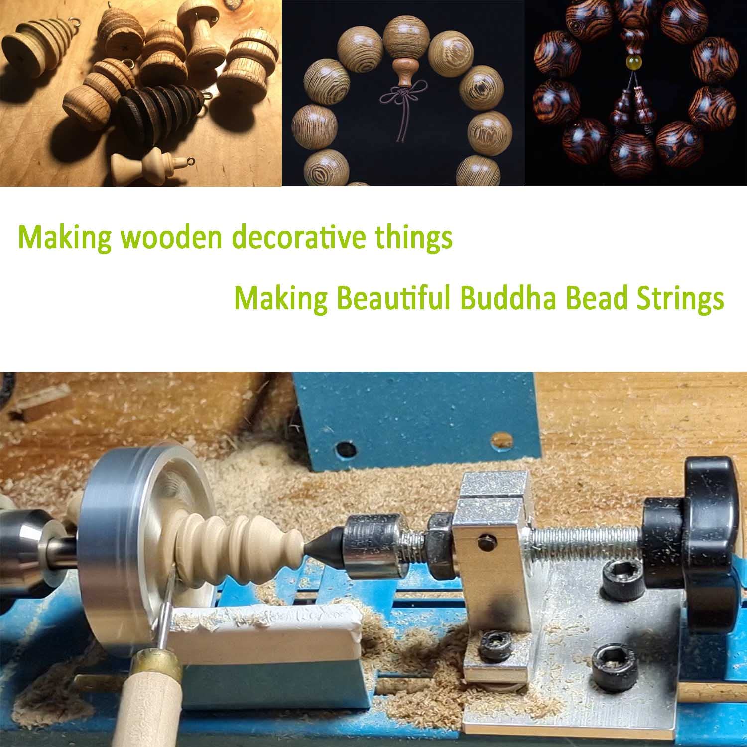 Winbomgo mini lathe turning wood with a smooth, quiet operation.