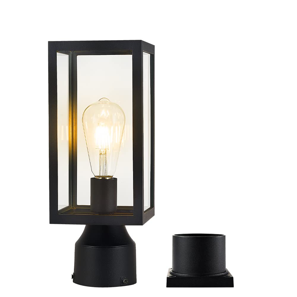 Windben Outdoor Post Light front view shows matte black finish with clear tempered glass for durable outdoor lighting