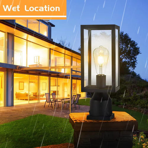 Windben Outdoor Post Light at night with clear glass and unified silhouette