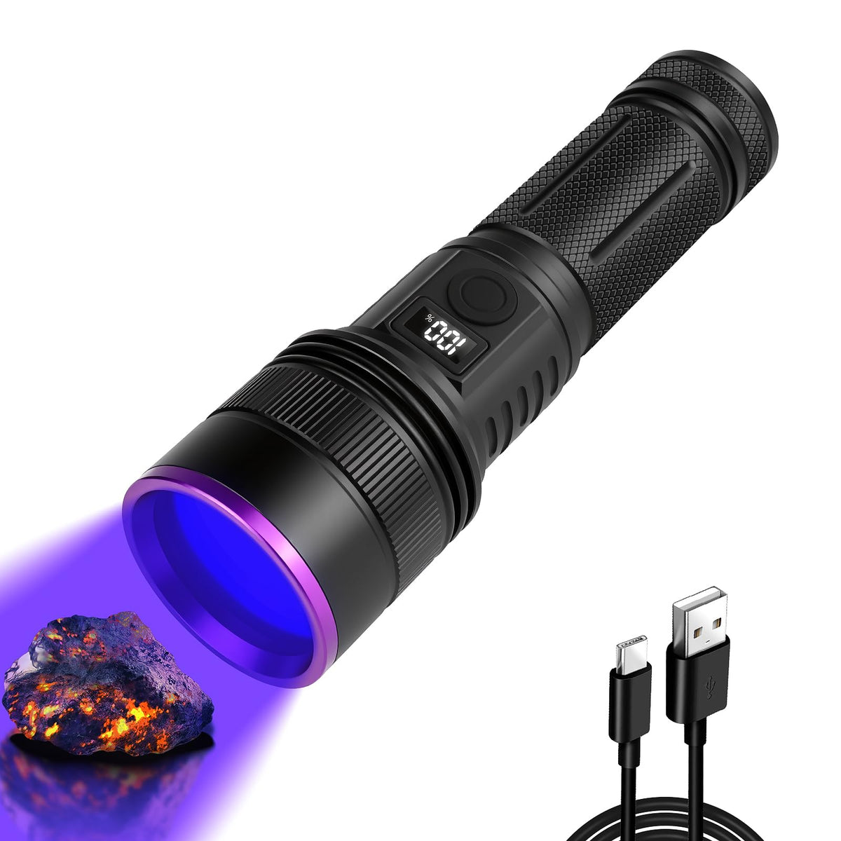 WINDFIRE 365nm UV flashlight beam highlighting fluorescence for quick inspection.