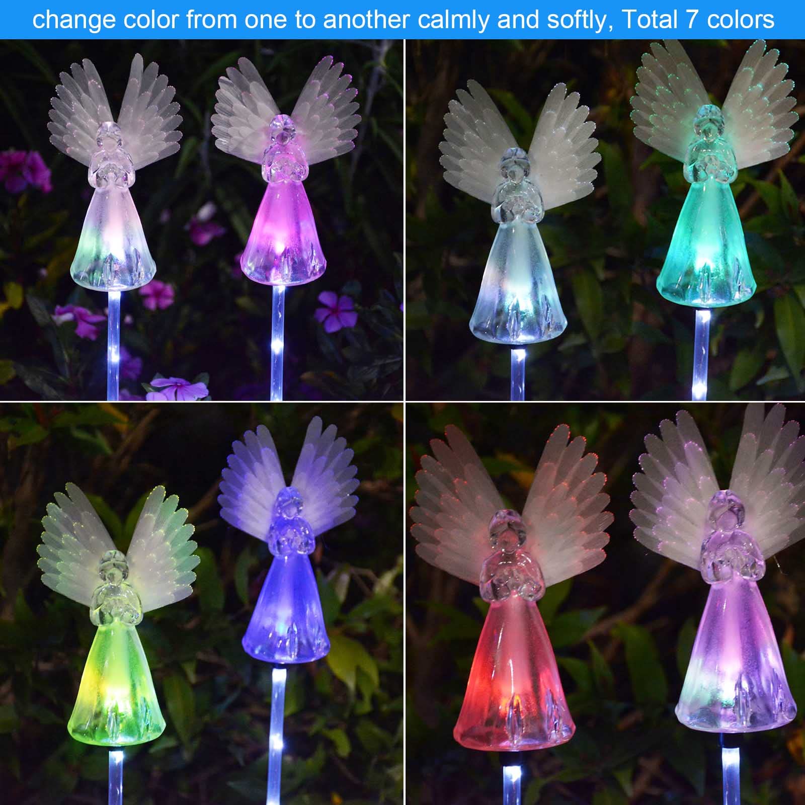 Windpnn angel garden stake emits a soft multicolor glow at dusk.