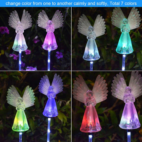 Windpnn angel garden stake emits a soft multicolor glow at dusk.