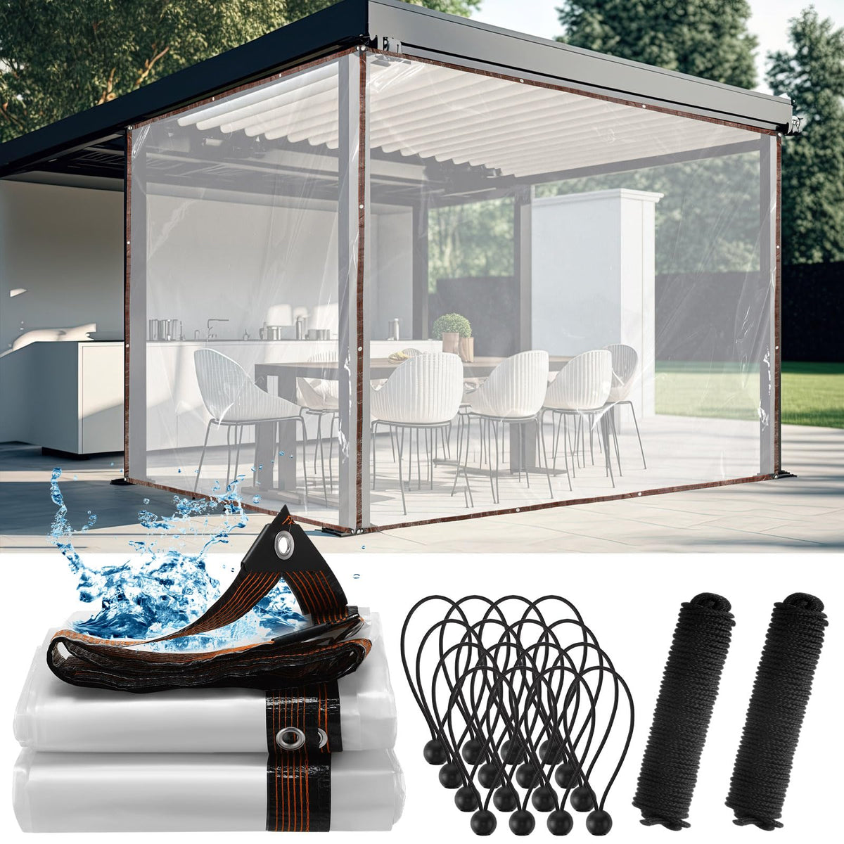 Windyun heavy-duty clear tarp 6x10, front view, shields gear from rain while staying transparent.