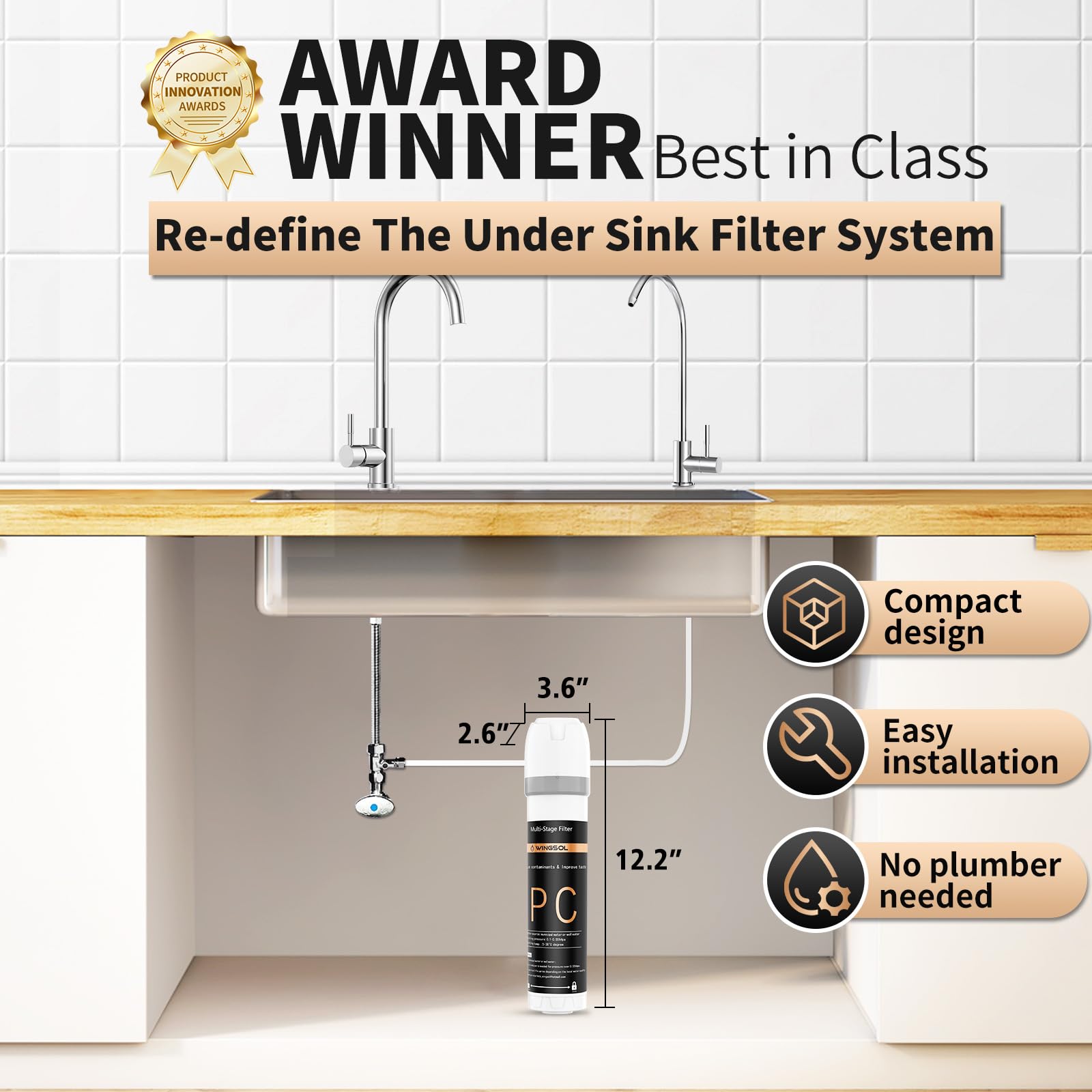 WINGSOL chrome faucet detail showing durable, lead-free construction.