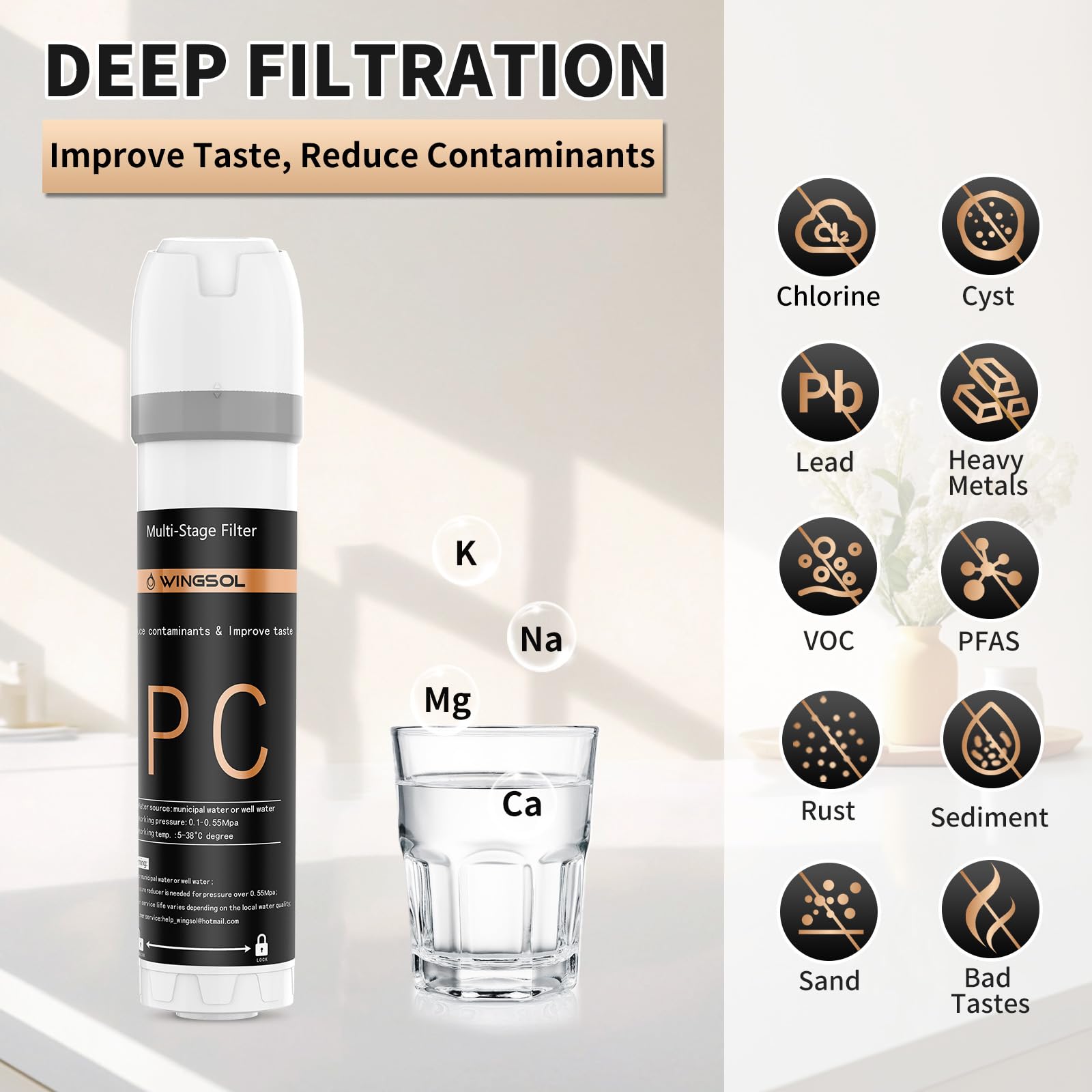 WINGSOL multi-stage filtration diagram illustrating contaminant reductions.