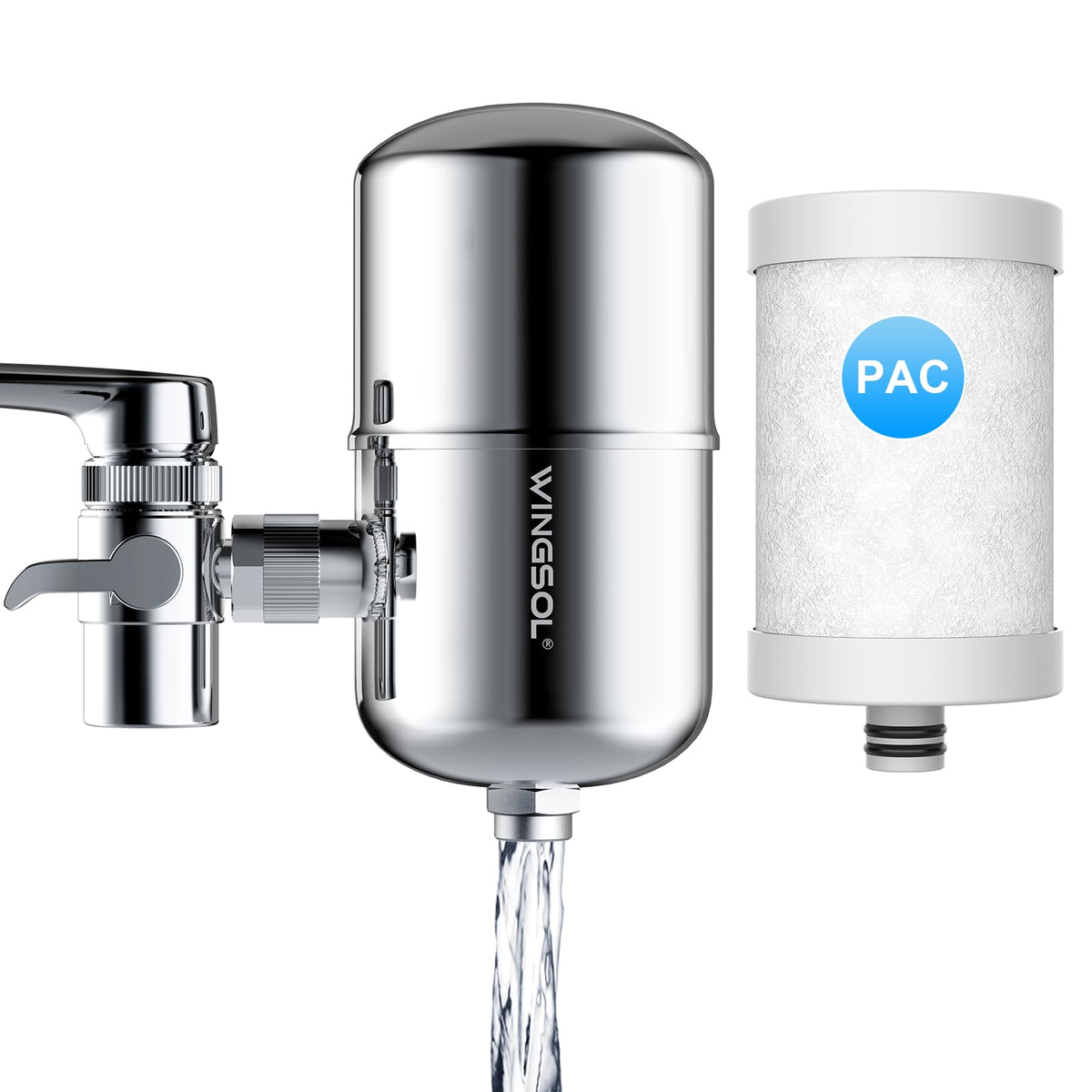 WINGSOL stainless steel water filter attaches to sink faucet for clean drinking water