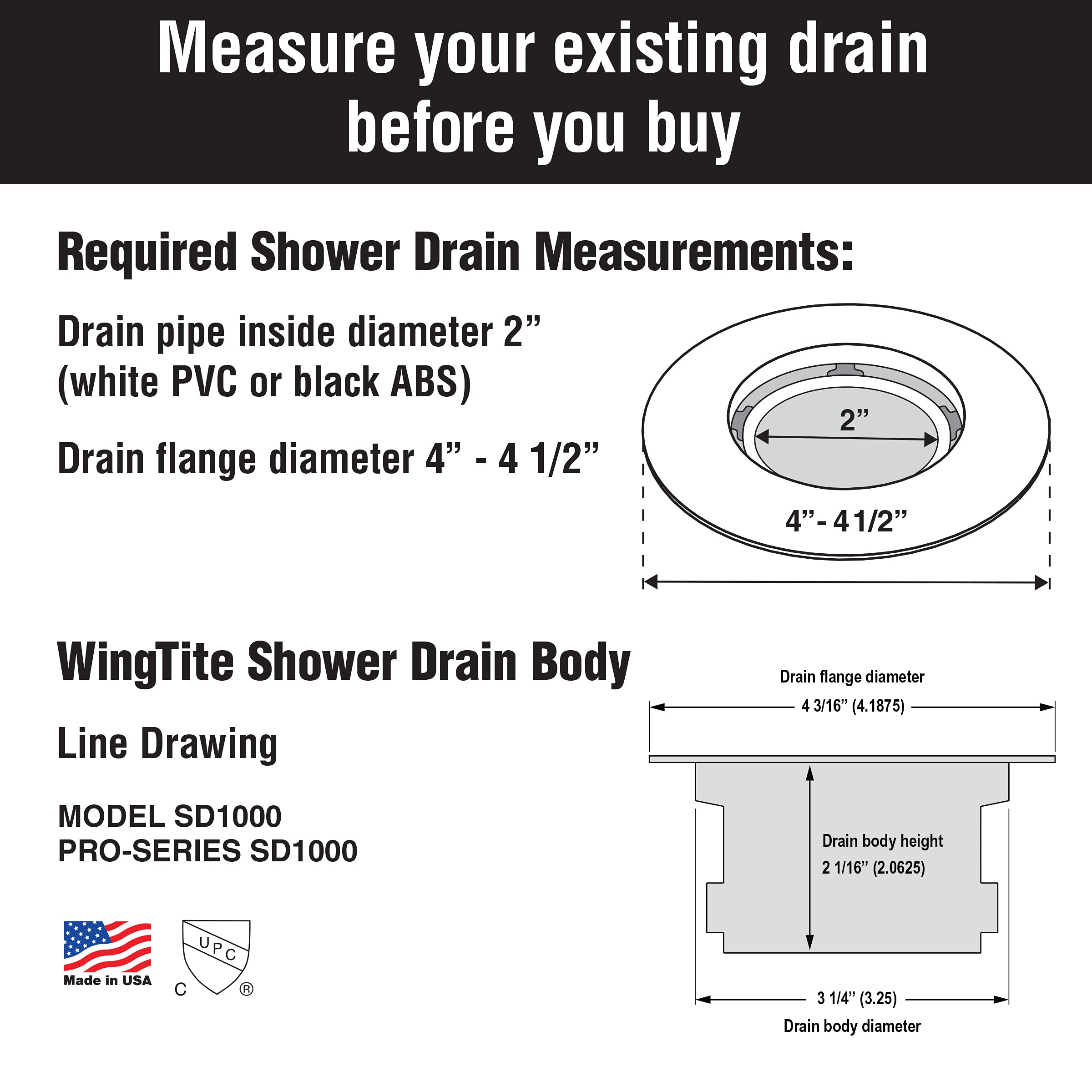 WingTite chrome SD1000 2in PVC/ABS fit illustration emphasizes compatibility with common sub floors.