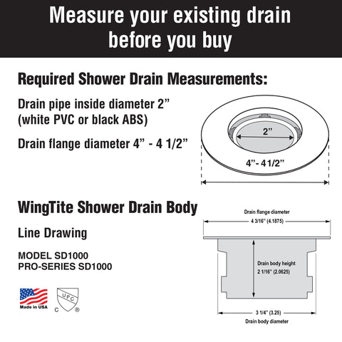 WingTite chrome SD1000 2in PVC/ABS fit illustration emphasizes compatibility with common sub floors.