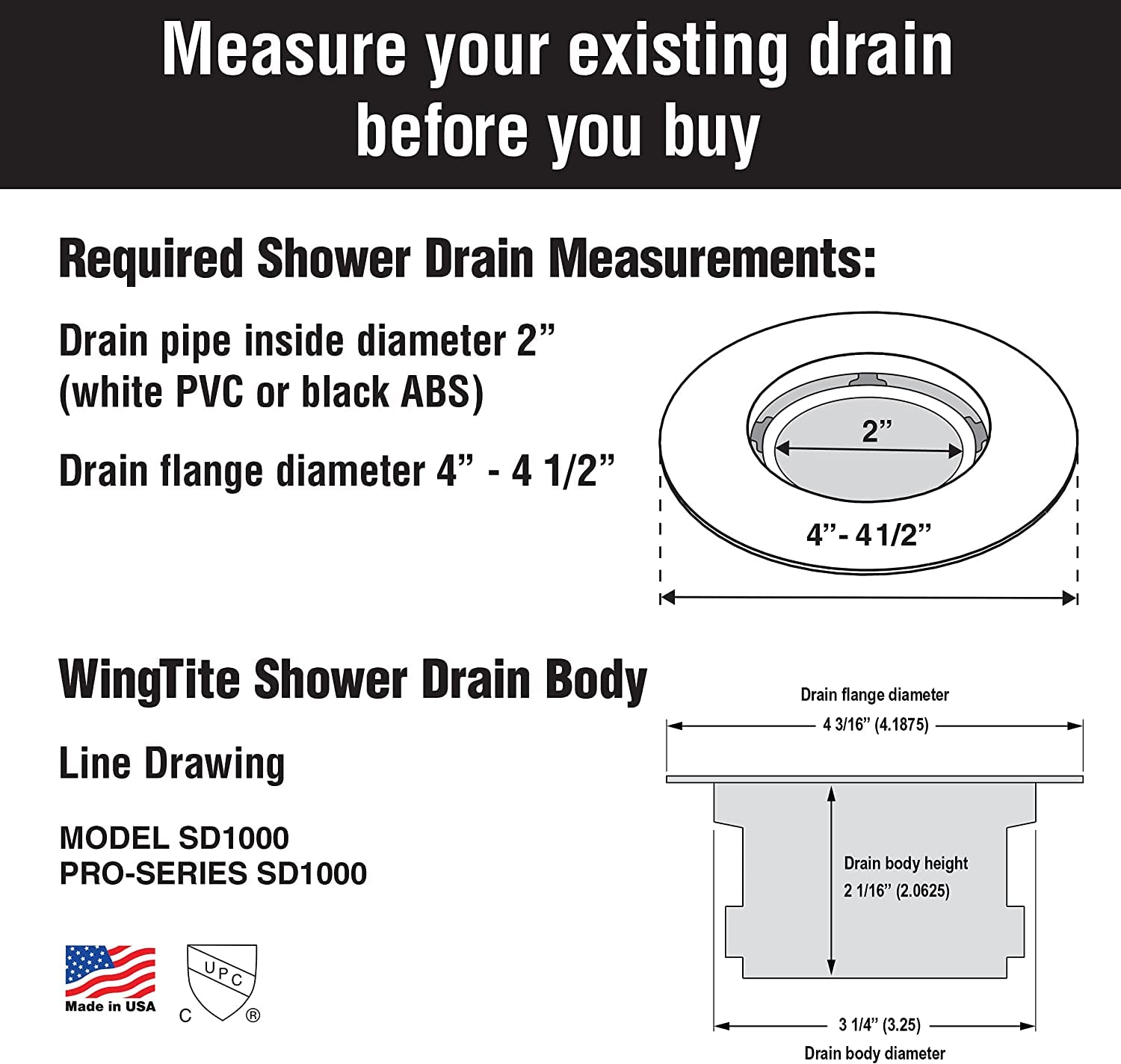 WingTite Pro-Series UPC-approved drain for code-compliant installations.