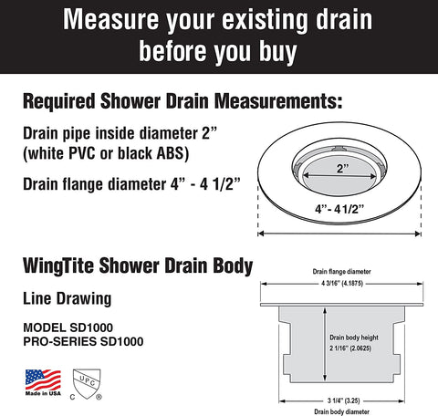 WingTite Pro-Series UPC-approved drain for code-compliant installations.