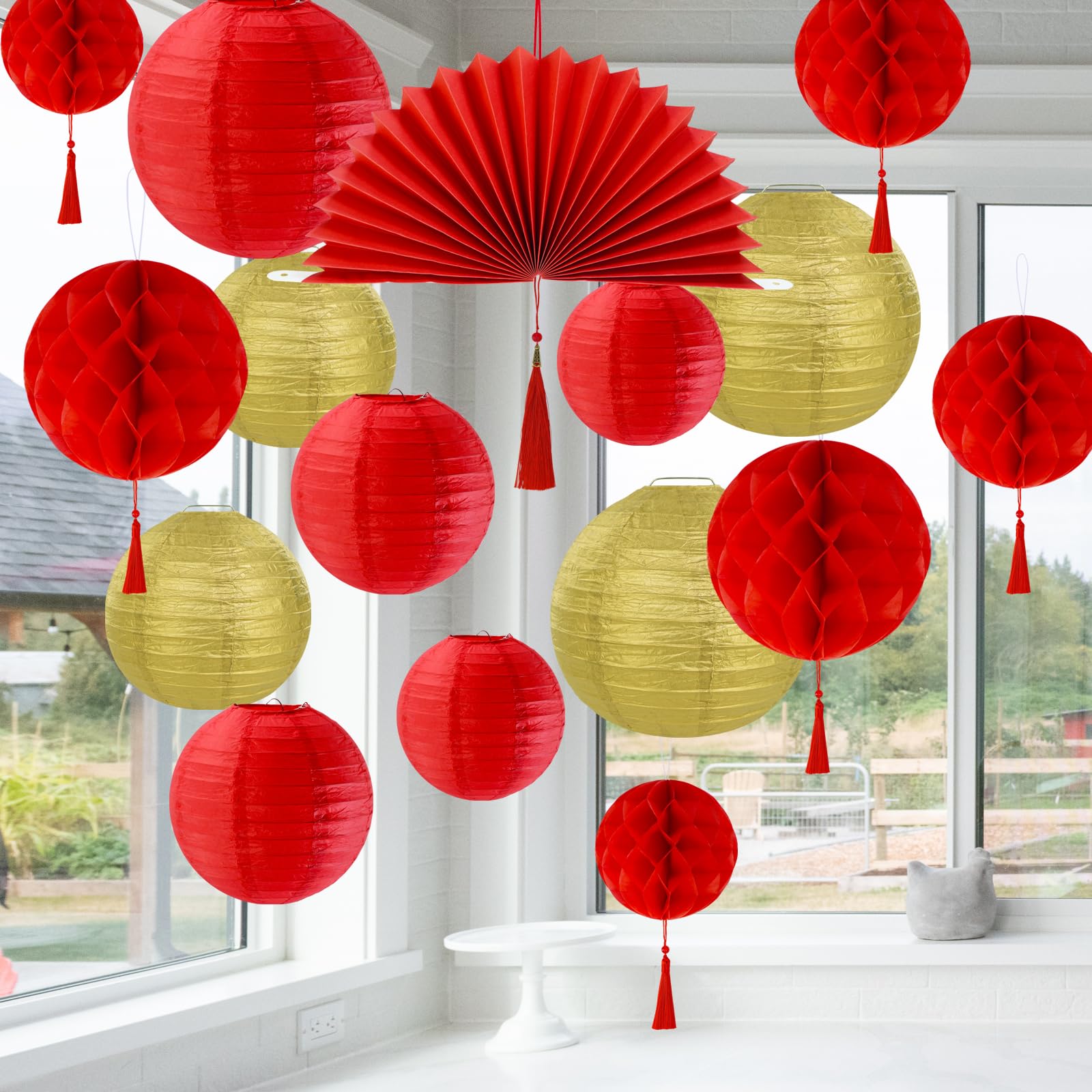 Winlyn red paper fan serves as a focal wall piece