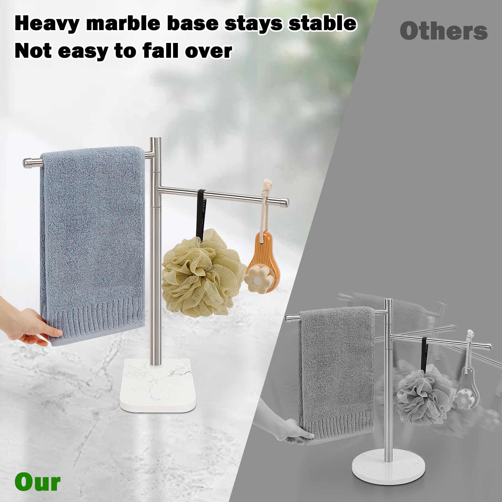 Winmien easy to assemble freestanding towel holder for quick placement.