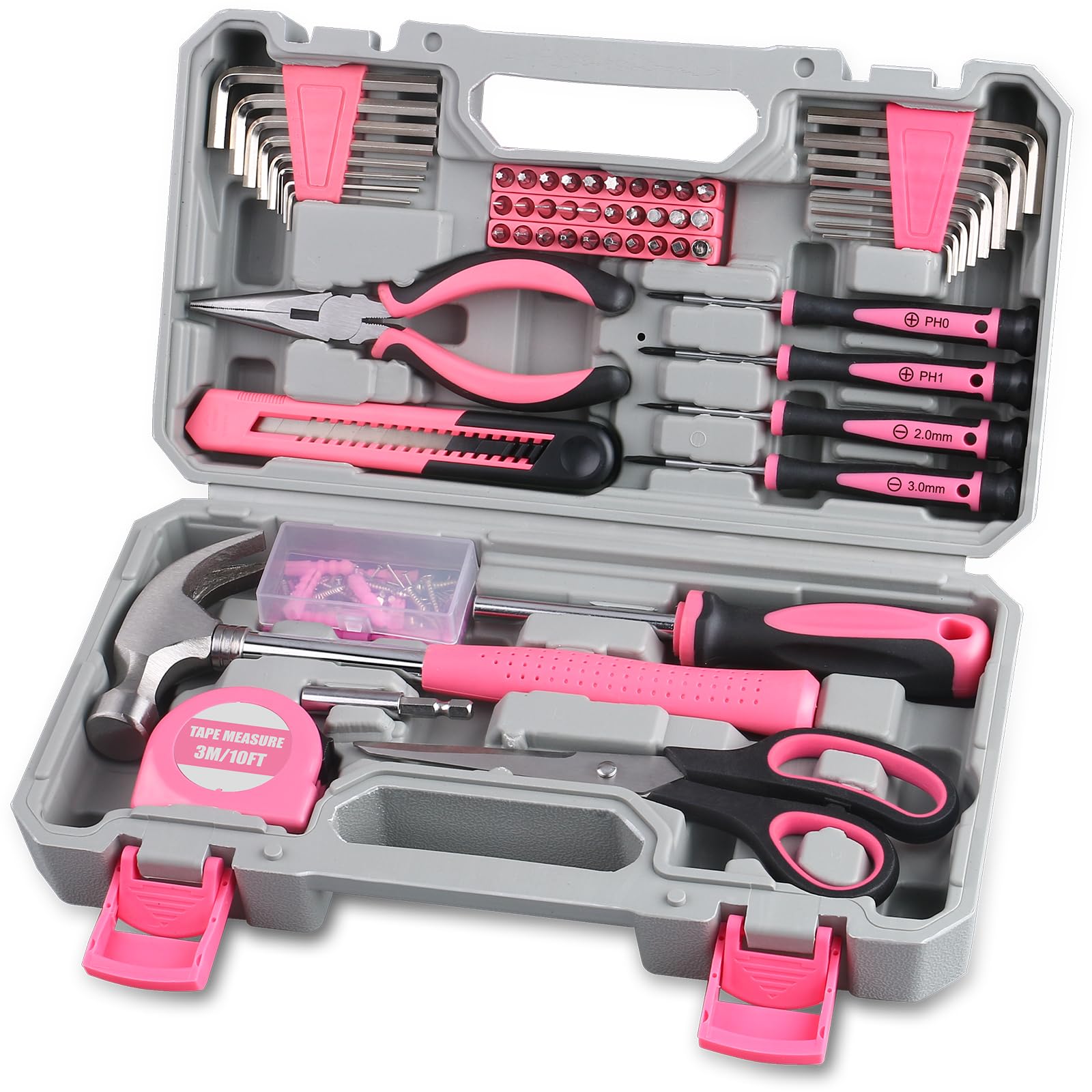 WINNER pink tool kit opens to reveal organized essential tools for quick fixes