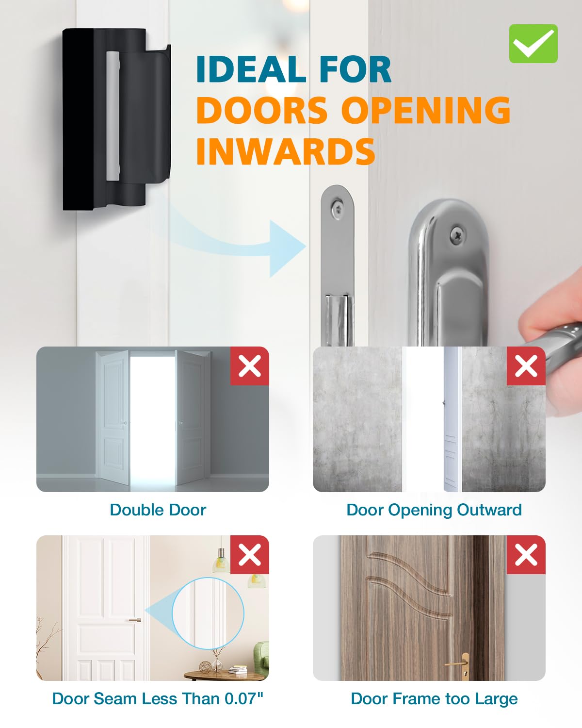 WINONLY inward-opening door fit guide indicates compatibility and secure fit