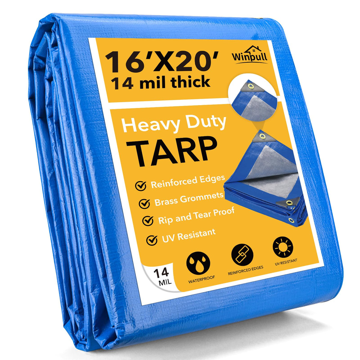 Winpull tarp 16x20 blue close-up showing reinforced edges for durable outdoor protection