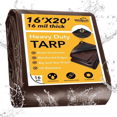 Winpull tarp 16x20ft with brass grommets for secure outdoor anchoring.