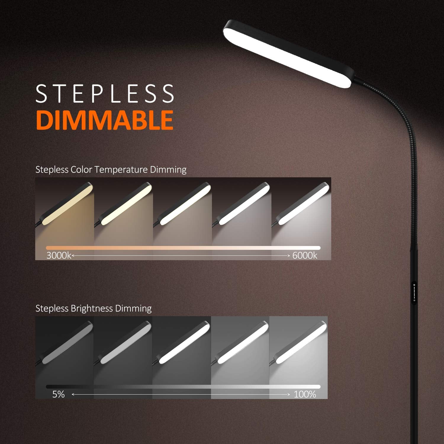 Wio-Mio floor lamp dimmer capability enables precise light level control for tasks.