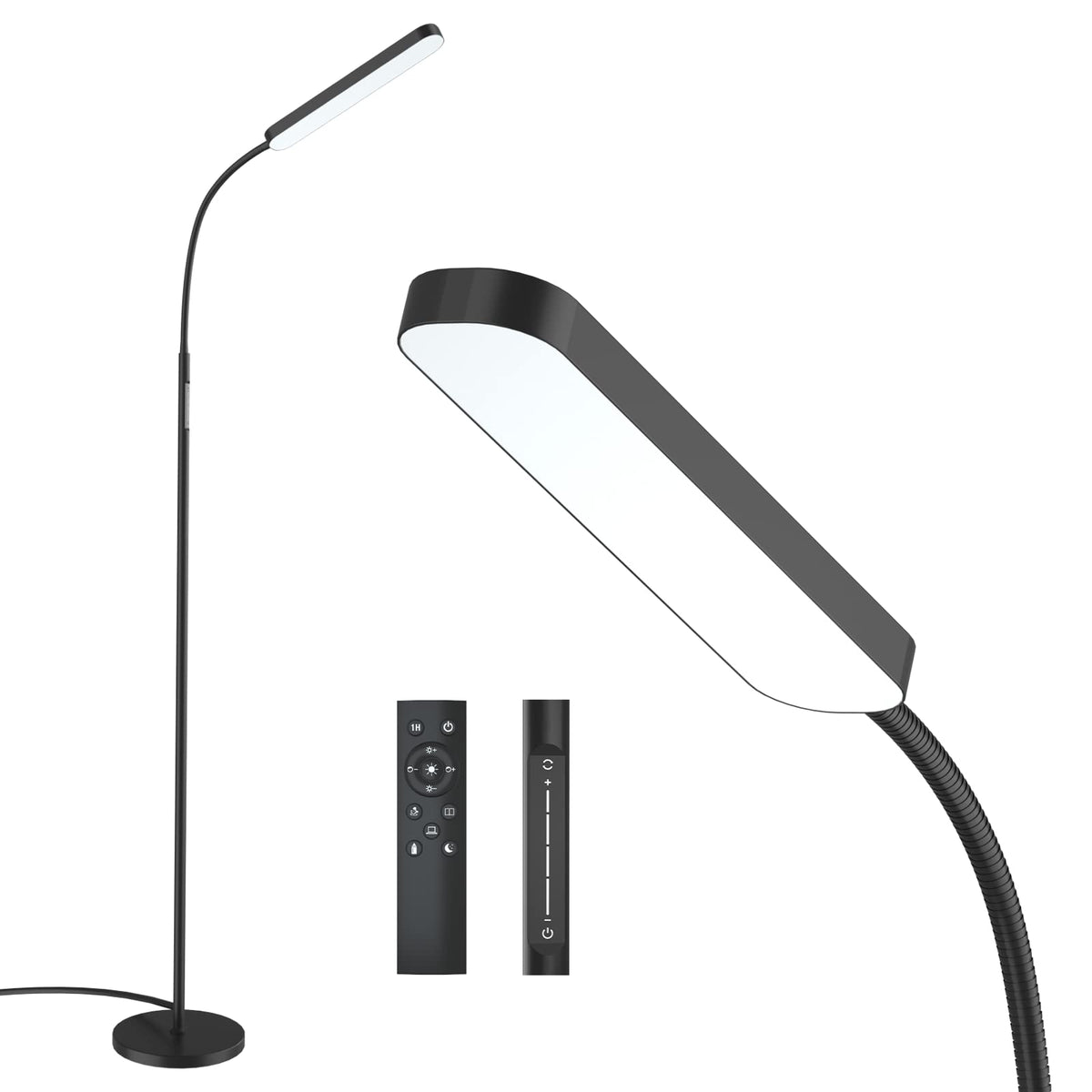Wio-Mio floor lamp remote control for convenient, stepless brightness and color temperature adjustment.