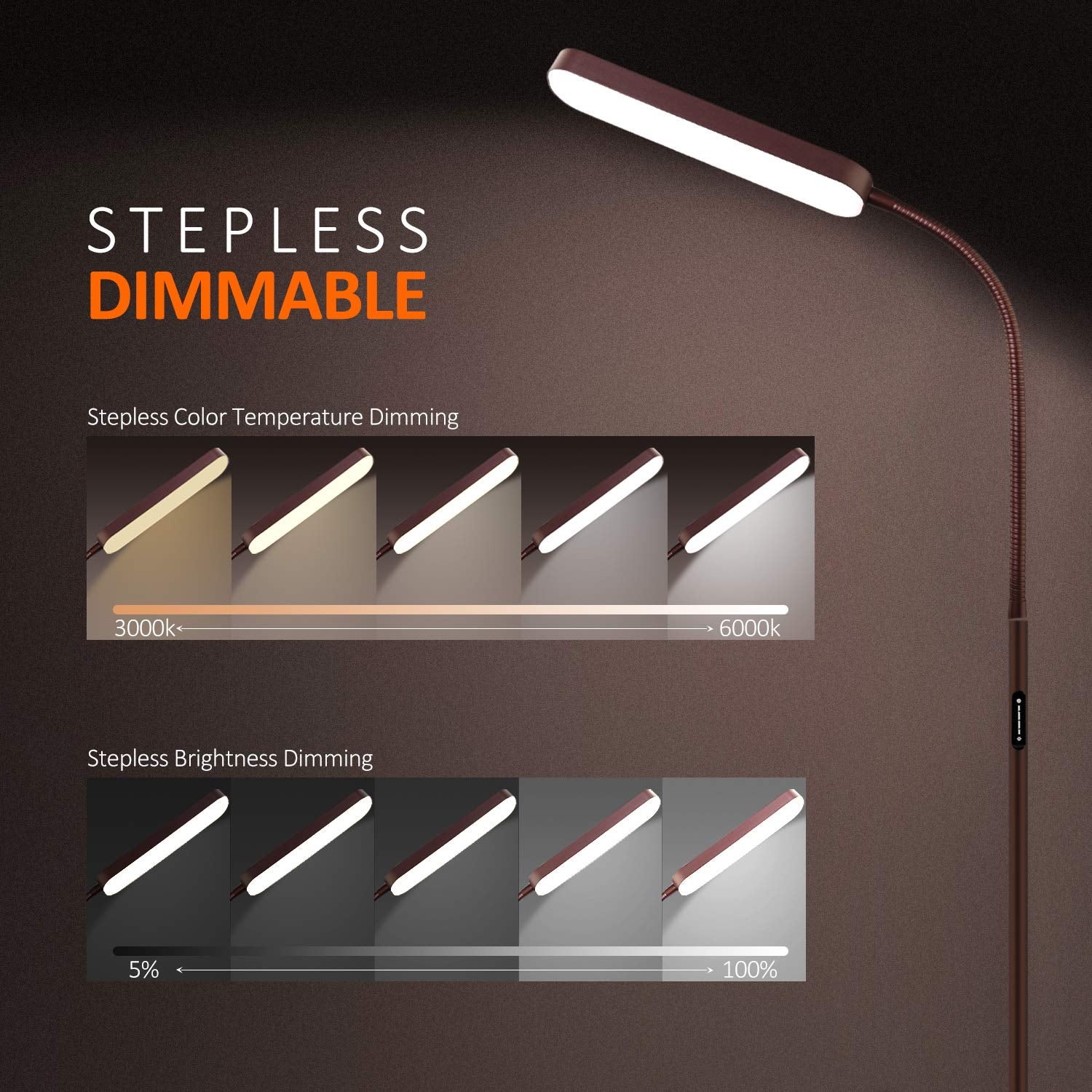 Wio-Mio LED floor lamp showing color temperature range 3000K-6000K for different moods.