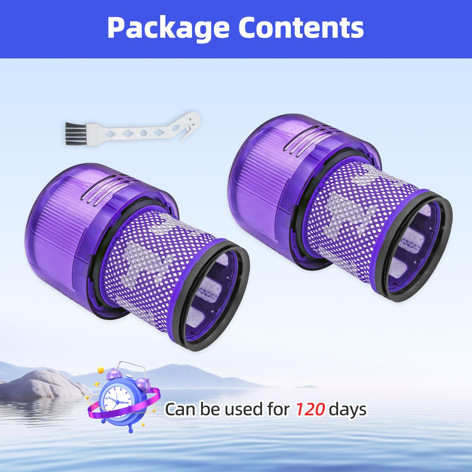 Wipenow packaging includes two filters and cleaning tool.