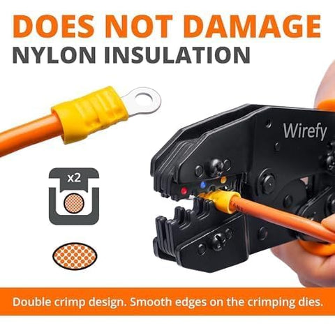 Wirefy ergonomic handles provide comfortable grip during extended crimping sessions.
