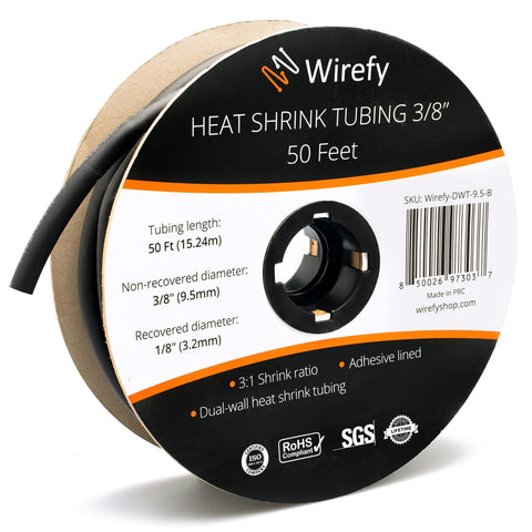 Wirefy 3/8 inch heat shrink tubing roll for custom cable runs and insulation.