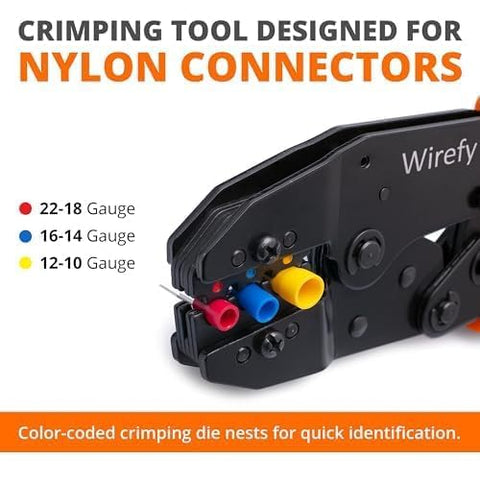 Wirefy ratcheting crimp tool with adjustable pressure for precise terminal crimps.