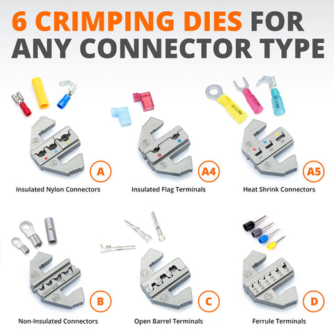 Wirefy six interchangeable dies for insulated, non-insulated, ferrule, open-barrel, and flag terminals.