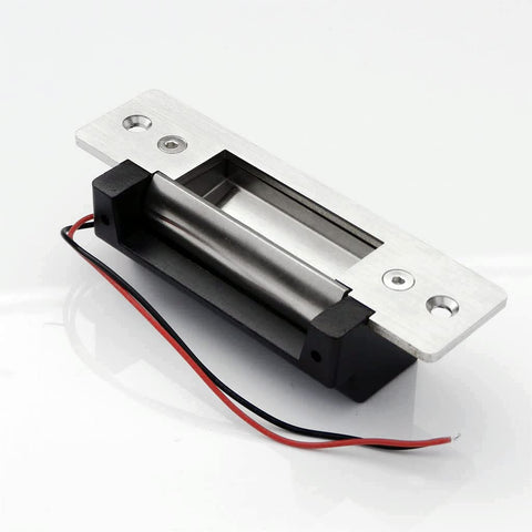 WIRELEL ANSI strike lock front view, rugged black metal for heavy-duty door control