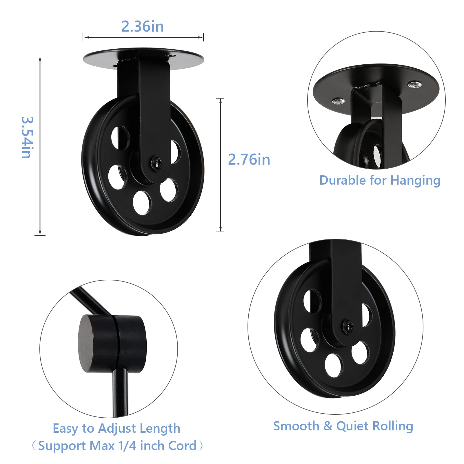 Wirziis black ceiling pulley with cord clips supports versatile ceiling types