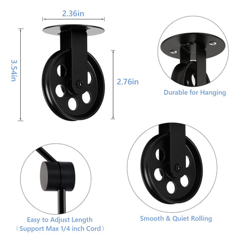 Wirziis black ceiling pulley with cord clips supports versatile ceiling types