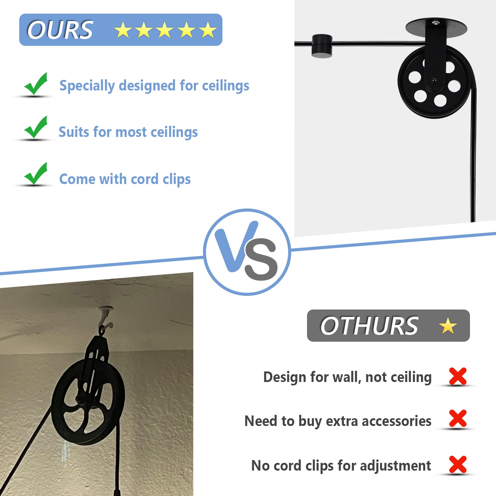 Wirziis pendant light pulley assembly with cord clips enables easy height adjustment