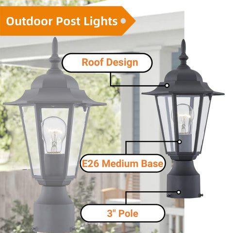Wisbeam post light close-up shows black finish and clear glass shade for elegant curb appeal.