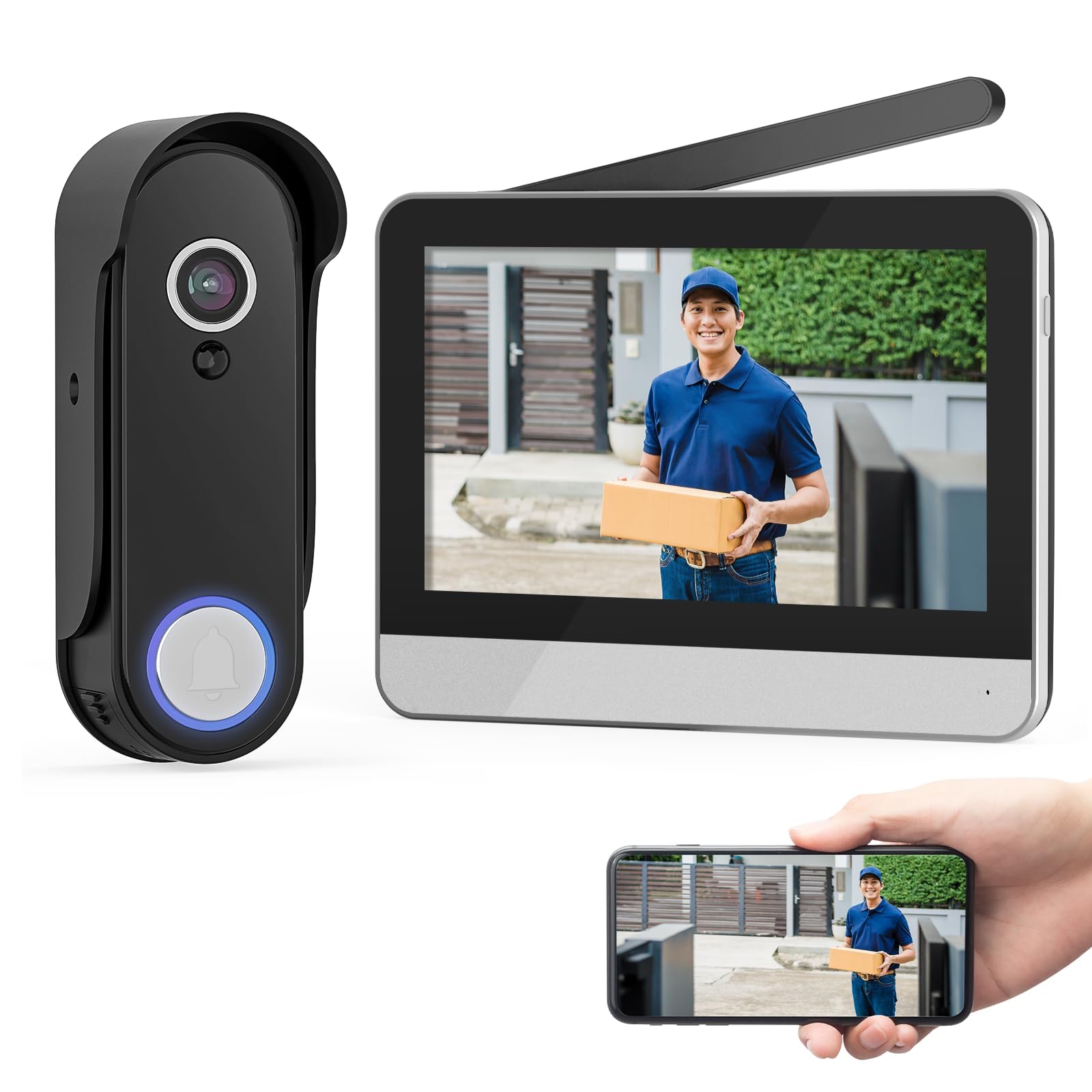 Wisdom View doorbell front view showing a sleek wireless design for easy monitoring.