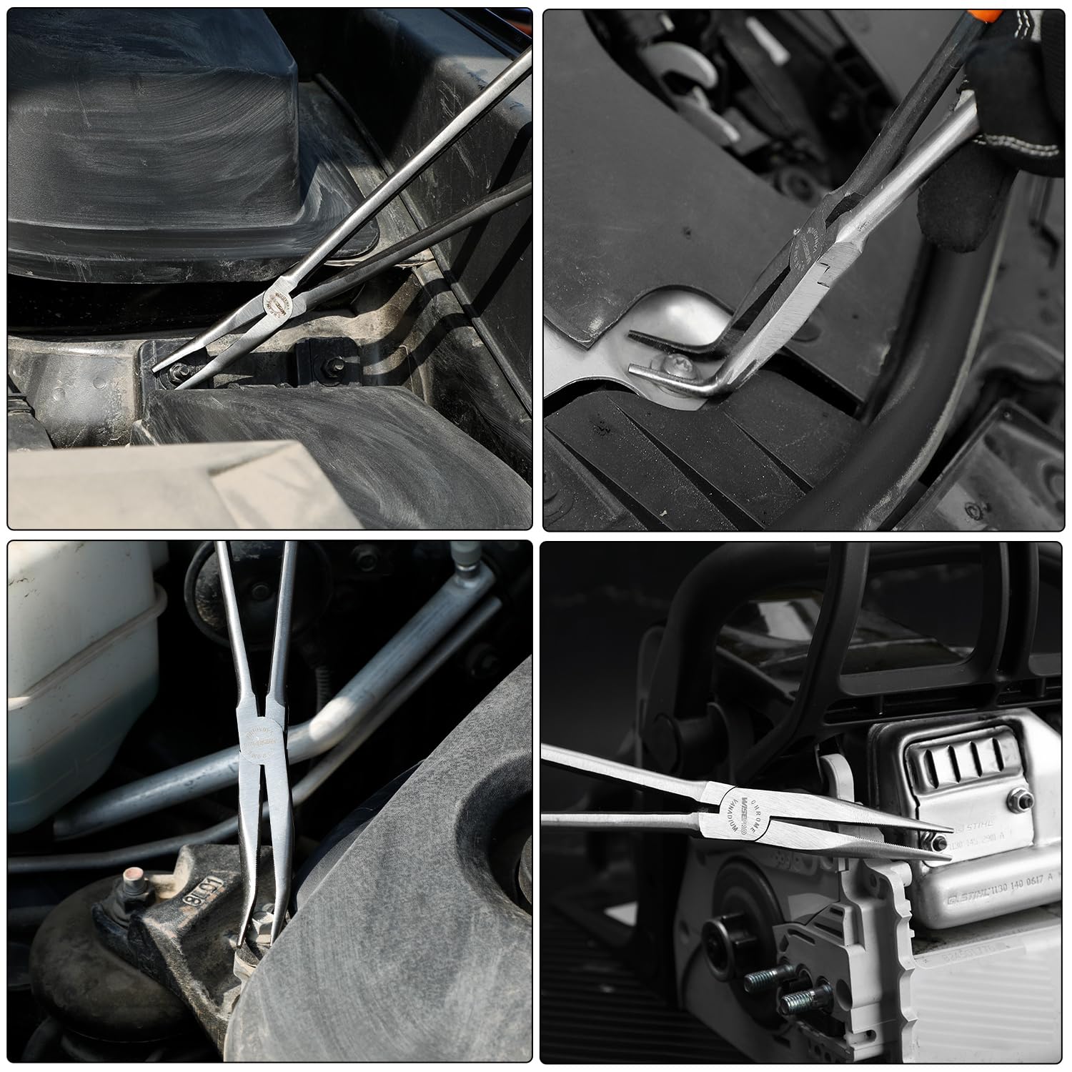 WISEPRO Long Reach Pliers 16in slim nose clamping small screws in confined spaces.