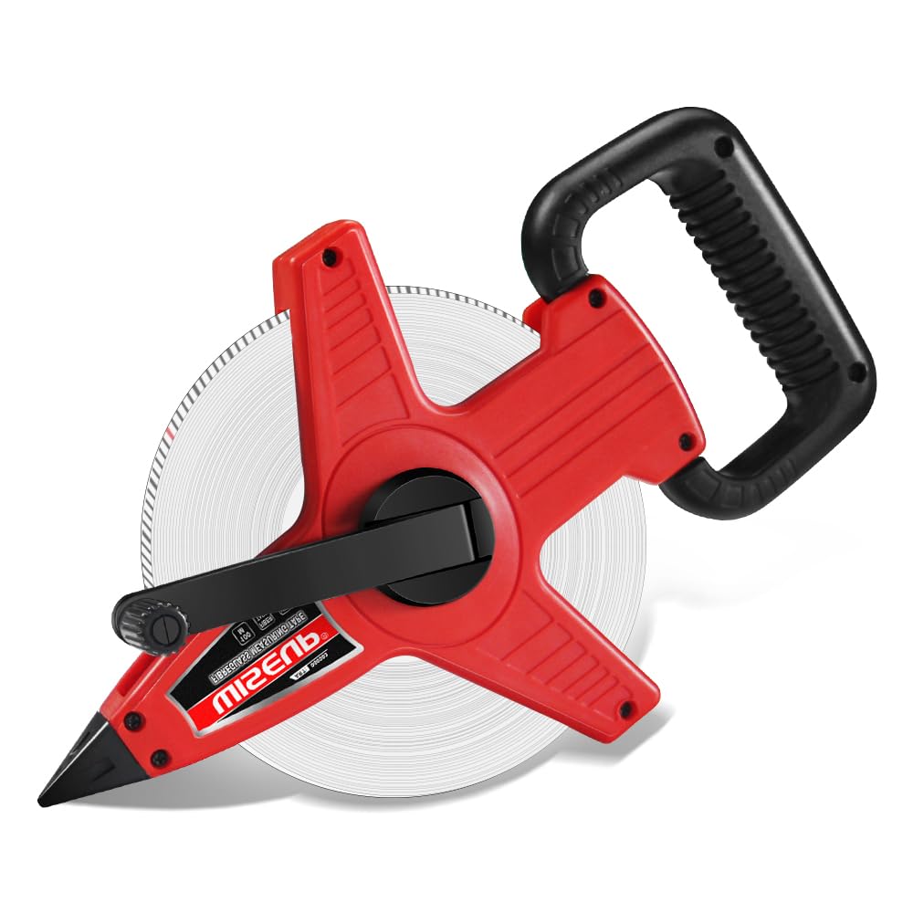 WISEUP 300 ft open reel tape measure with imperial and metric marks for fast readings.